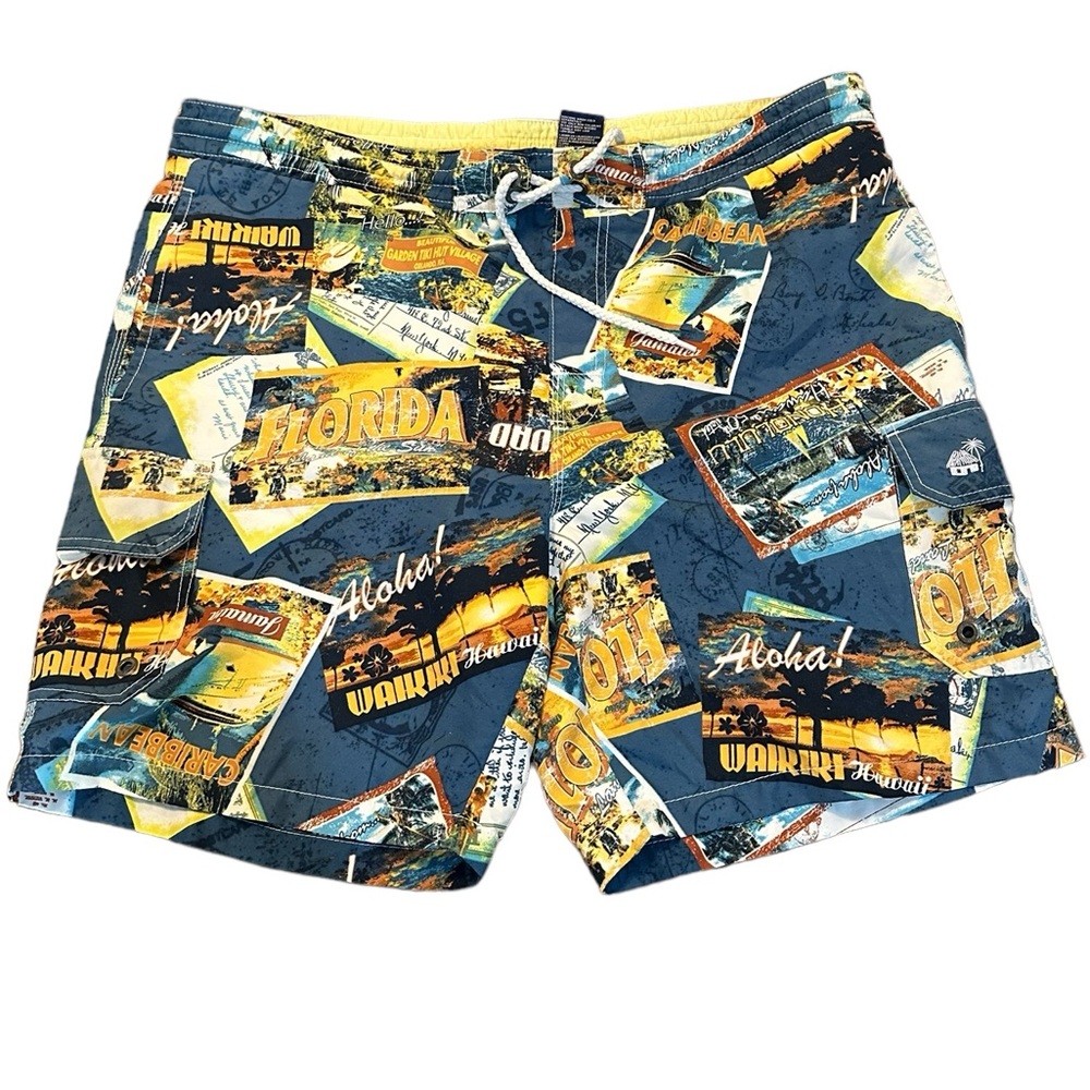 Caribbean Joe men’s vintage swim‎ trunks blue yellow postcard cargo style Size M